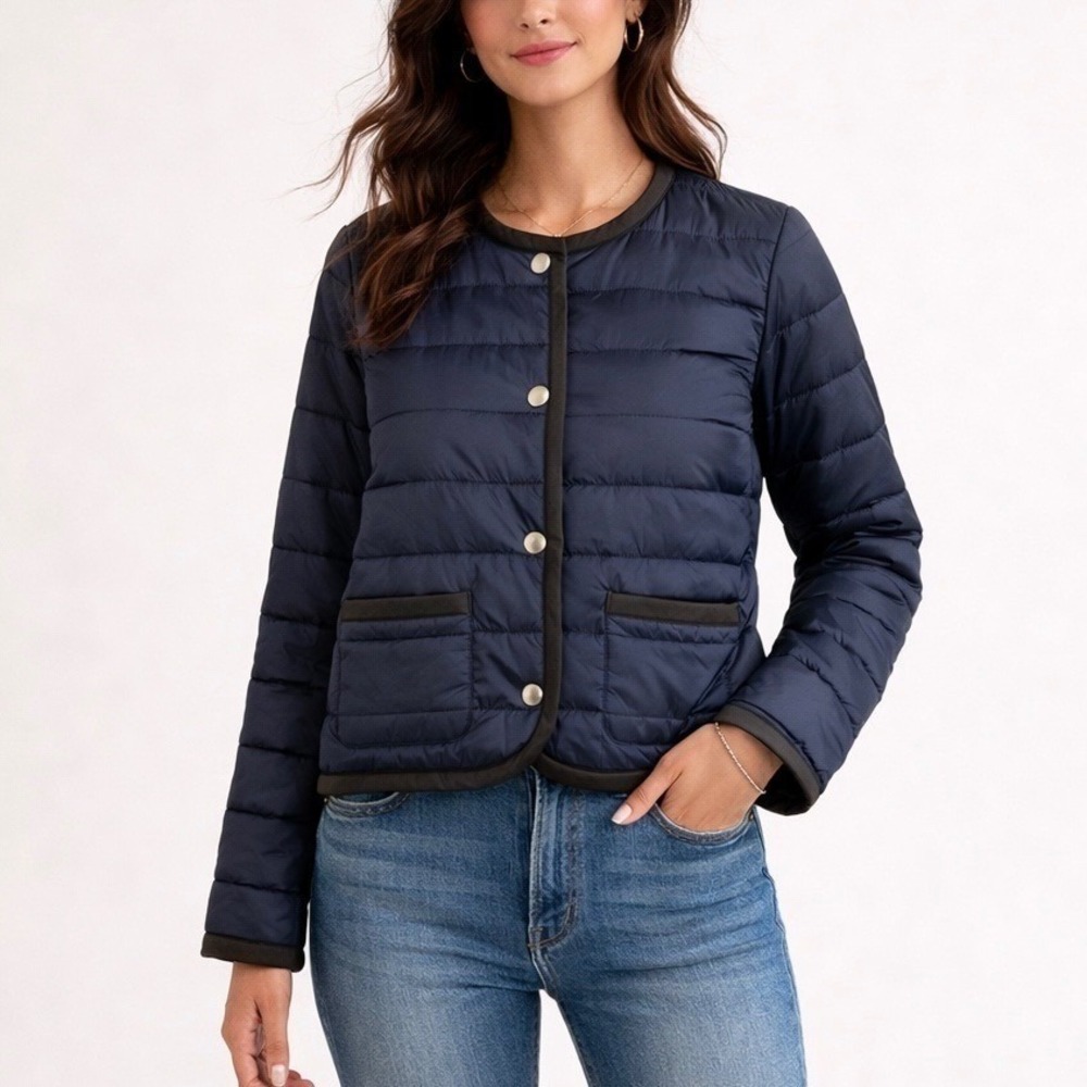Evereve Elle Puffer Jacket Navy Quilted Collarless Black Trim Size Medium